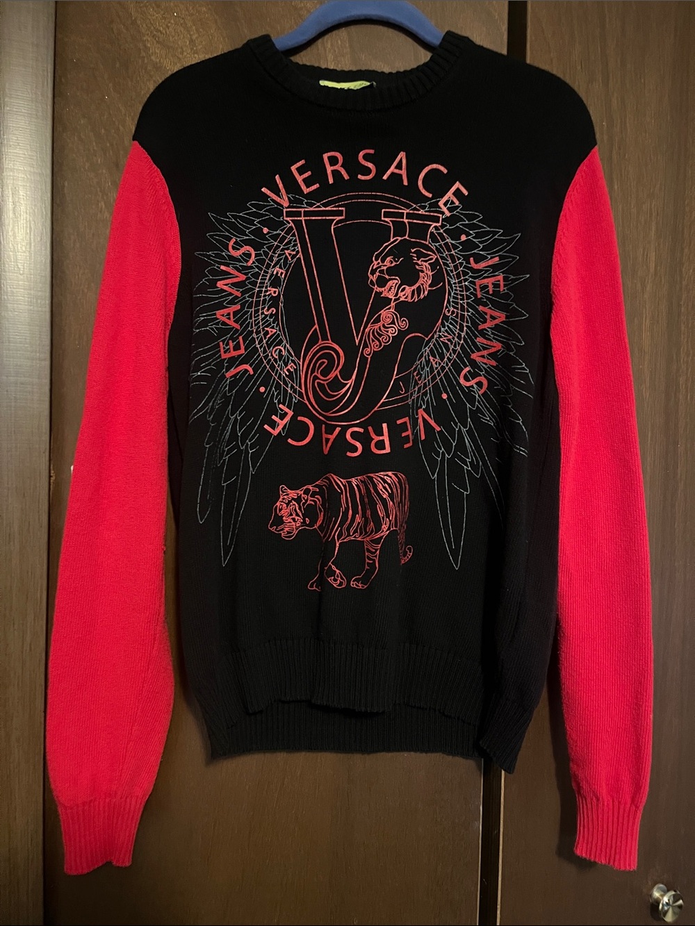 Versace Jeans Collection Black Crewneck Sweater with Red Sleeves